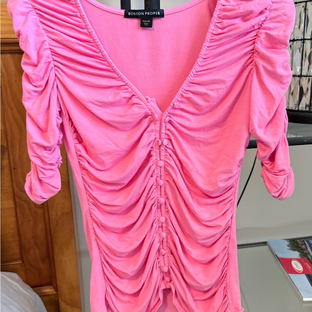 Boston Proper Vibrant Pink Gathered Top